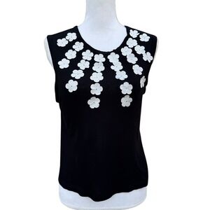 Vera Wang‎ Black Sleeveless Top 3D White Flower Embellishment Women's XS